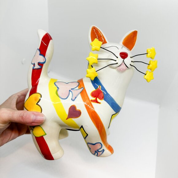 Vintage Ceramic Hobbist Cat Bank Stars Rainbow Whimsyclay Celestial 90s - Picture 2 of 7